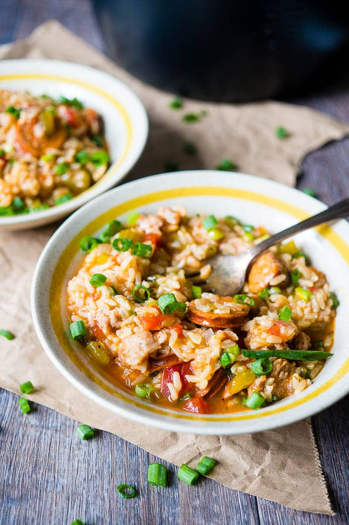 bowls of jambalaya made in a pressure cooker