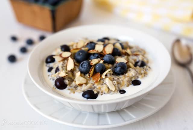 Pressure Cooker (Instant Pot) Lemon Blueberry Steel Cut Oats in a white bowl