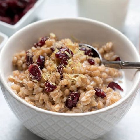 Lemon-Cranberry-Breakfast-Farro in a white bowl