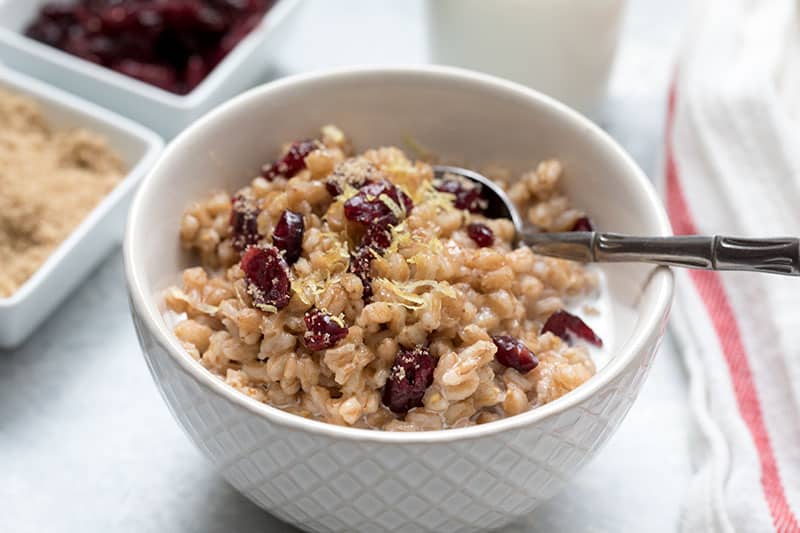 Lemon-Cranberry-Breakfast-Farro in a white bowl