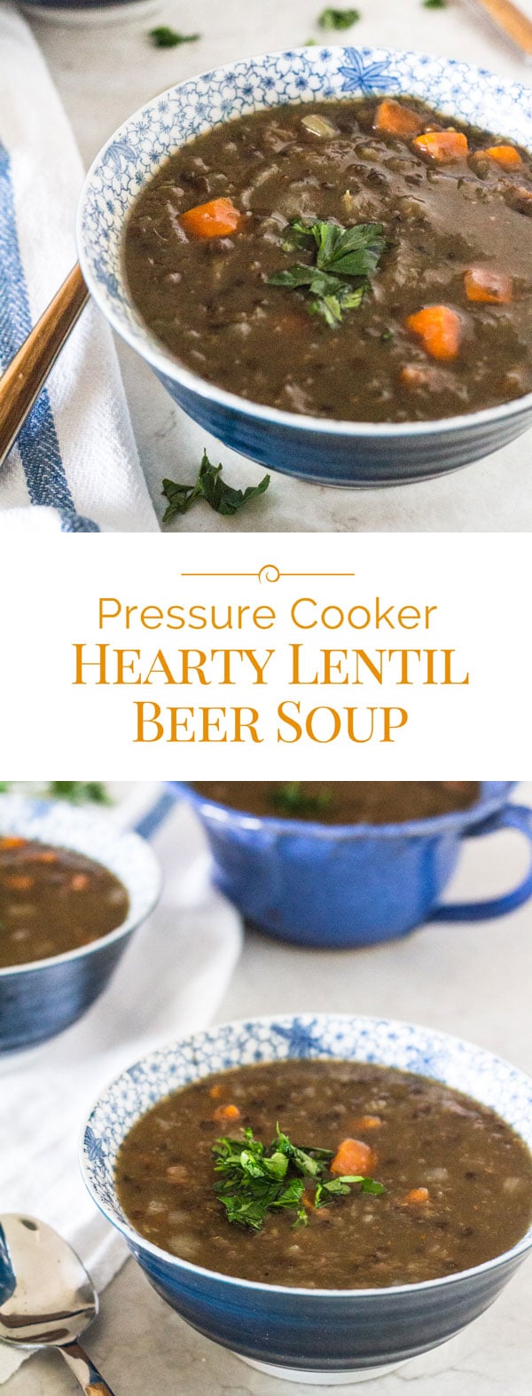 Vegetarian hearty lentil beer soup photo collage