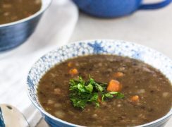 Pressure Cooker (Instant Pot) Hearty Lentil Beer Soup served in blue bowls