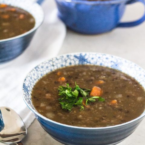 Pressure Cooker (Instant Pot) Hearty Lentil Beer Soup served in blue bowls