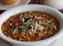 Pressure Cooker (Instant Pot) Lentil Orzo Soup in a white bowl