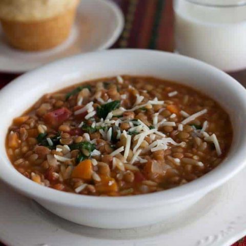 Pressure Cooker (Instant Pot) Lentil Orzo Soup in a white bowl