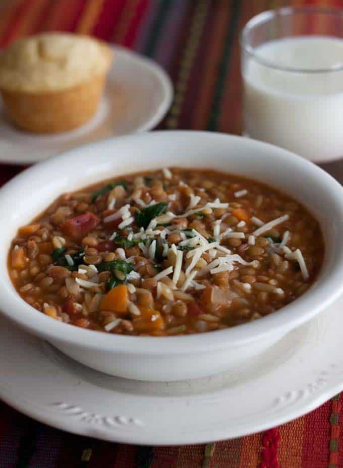 Pressure Cooker (Instant Pot) Lentil Orzo Soup in a white bowl