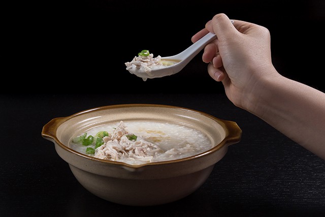 Pressure Cooker (Instant Pot) Chicken Porridge with a spoonful taken out