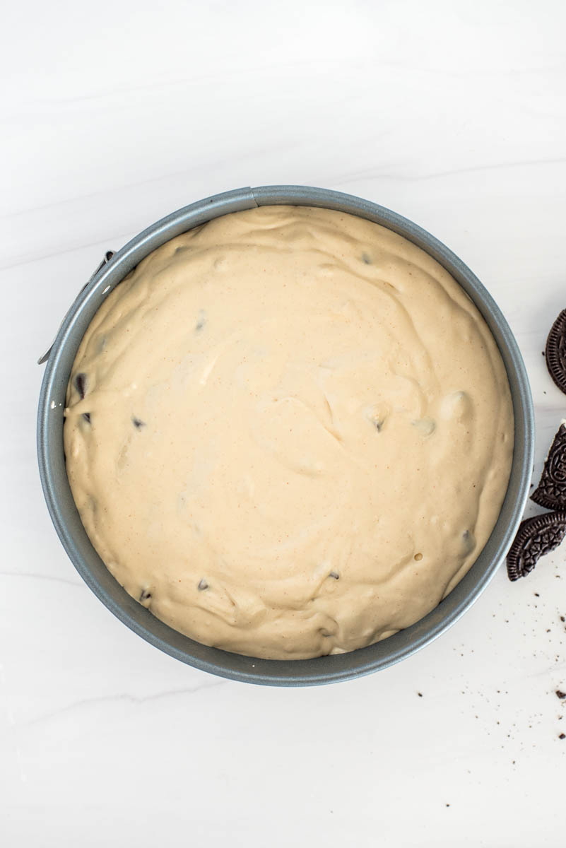 overhead of a filled peanut butter cheesecake