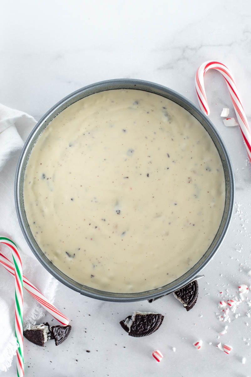 an overhead shot of the Peppermint Cheesecake after cooking in the Instant Pot