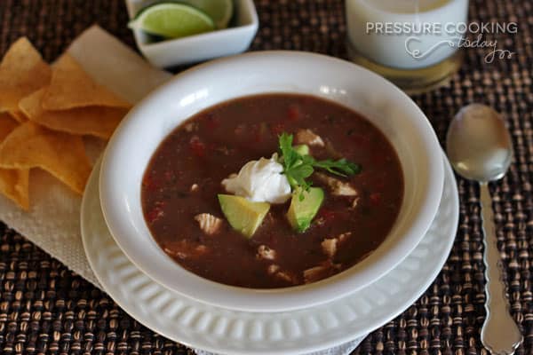 Picante-Chicken-and-Black-Bean-Soup in a white bowl