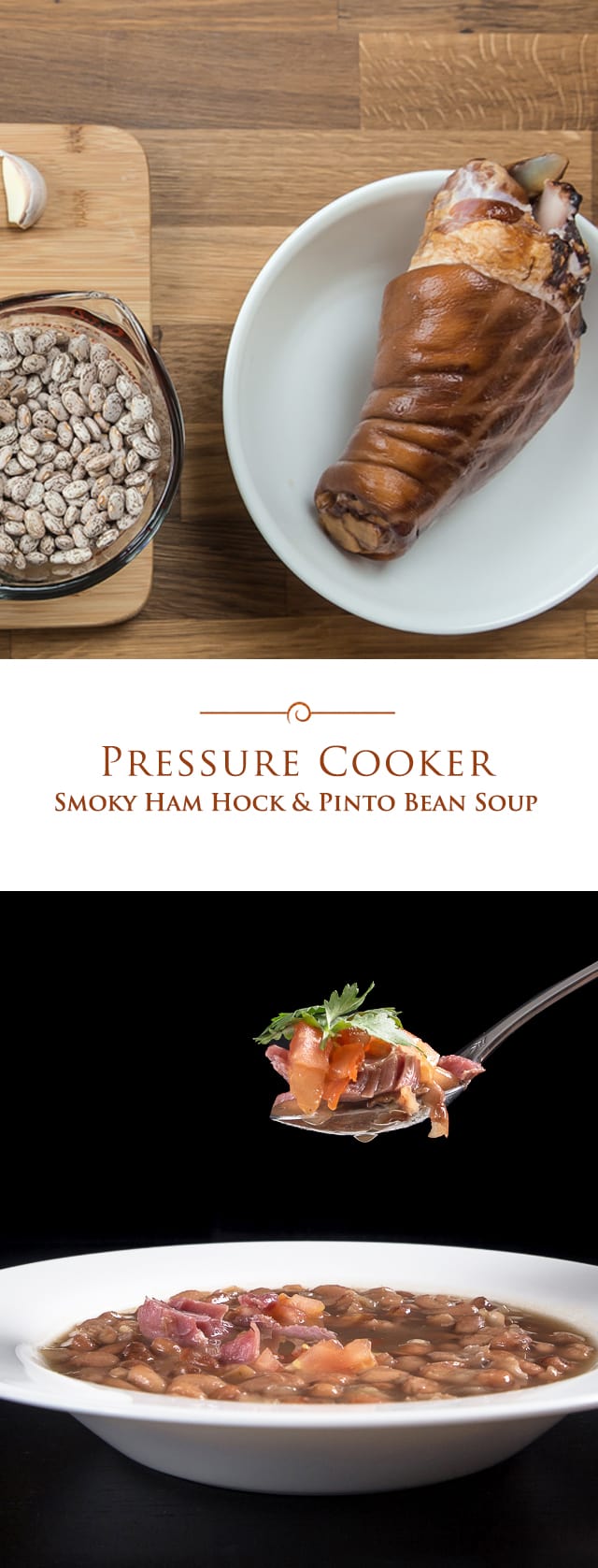 Smoky Ham Hock and Pinto Bean Soup is full of textures and flavors. You'll love the tender & moist ham lending its' smoky flavors to the fulfilling soup. This easy pressure cooker ham and bean soup recipe makes the perfect comfort food dinner. #soup #instantpot #pressurecooker via @PressureCook2da