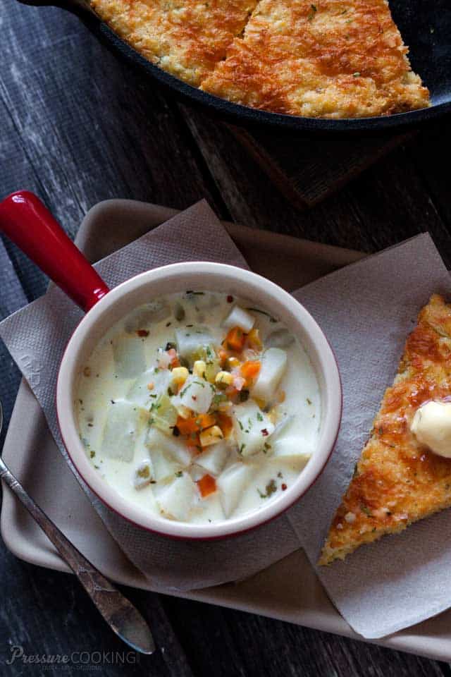 A pressure cooker (Instant Pot) poblano corn chowder loaded with diced potatoes and sweet corn, spiced up with a poblano chile and a dash of hot sauce. 