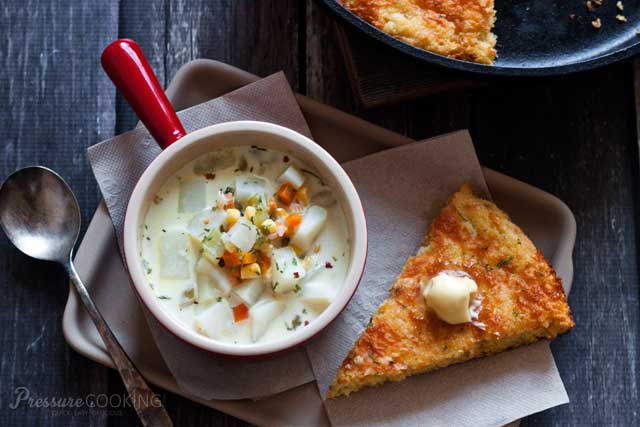 Pressure Cooker (Instant Pot) Poblano Corn Chowder ready to eat