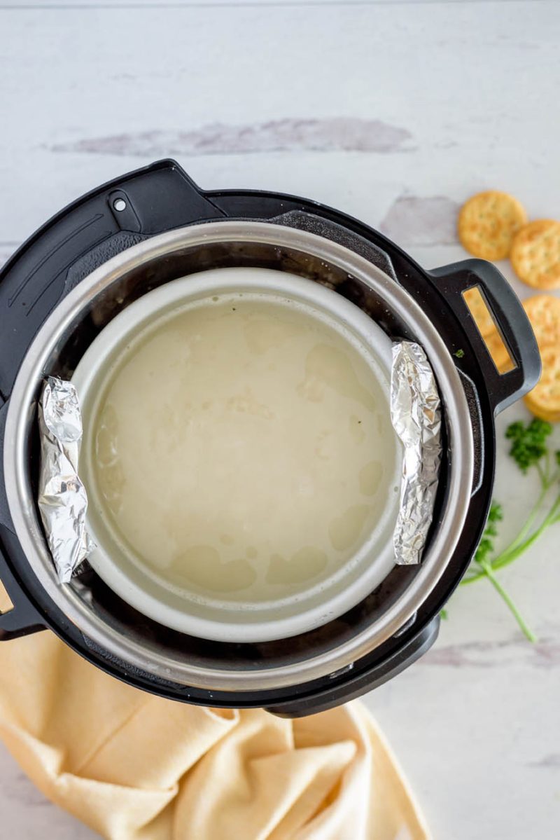 An overhead shot showing the small cake pan filled with rice and water in place, ready to cook