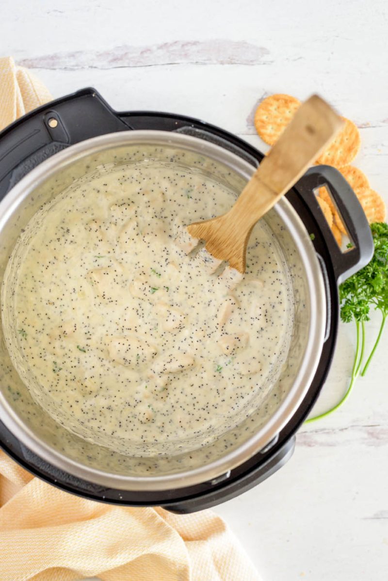 An overhead shot looking in the Instant Pot, with everything stirred together