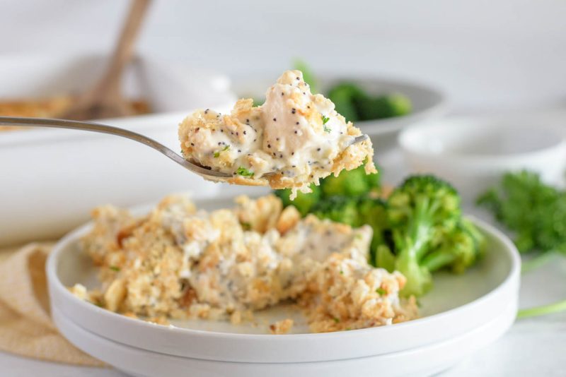 a close-up shot of a bite of Instant Pot chicken casserole