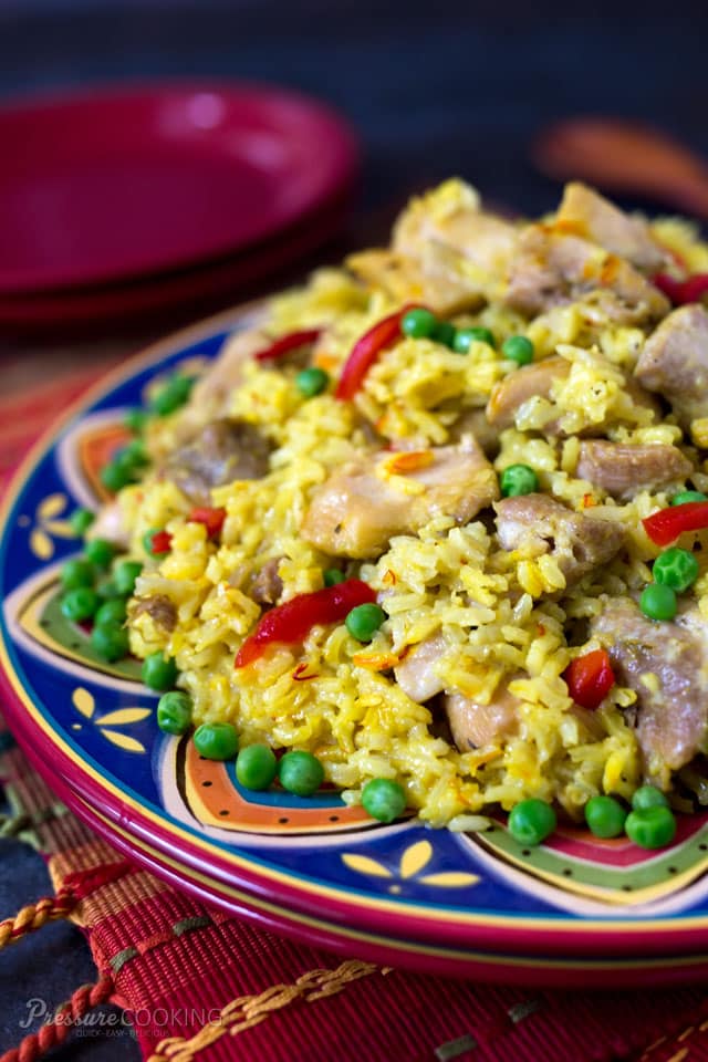 colorful platter of Pressure Cooker Arroz con Pollo