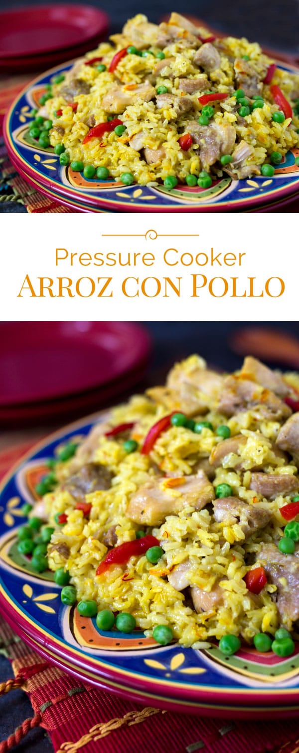 Arroz con Pollo is a saffron braised chicken and rice recipe for the pressure cooker. This delicious Mexican chicken dinner is served family style on a large platter garnished with pimiento and peas. photo collage of Instant Pot Arroz con Pollo