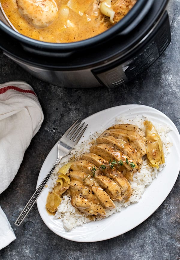 platter of artichoke chicken, made in an electric pressure cooker