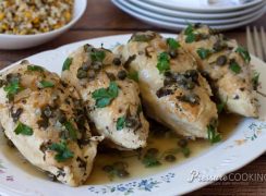 Pressure Cooker (Instant Pot) Braised Chicken with Capers and Parsley on a white serving platter