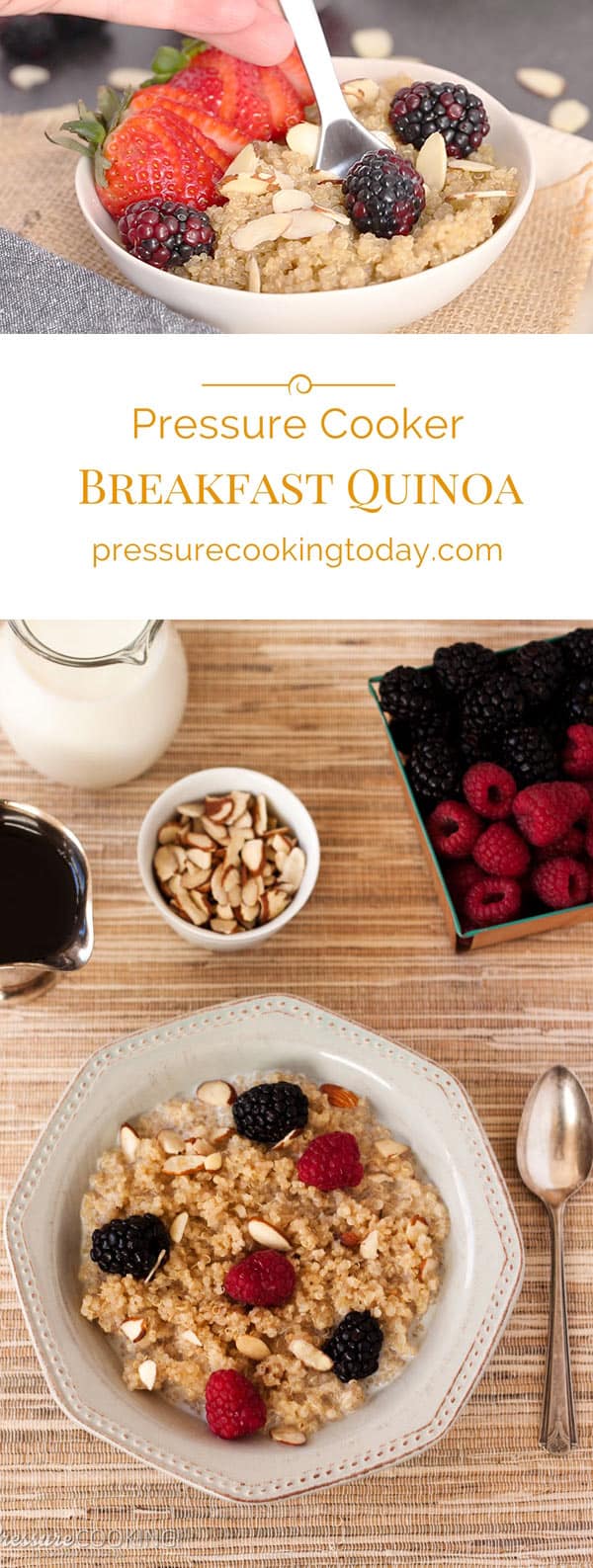 Light and fluffy maple cinnamon breakfast quinoa served with fresh berries and sliced almonds. Only a 1 minute cook time in the pressure cooker / Instant Pot.