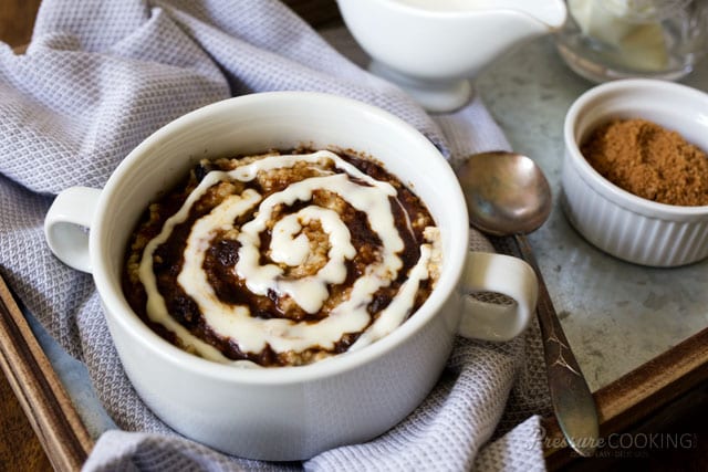 Pressure Cooker (Instant Pot) Cinnamon Roll Steel Cut Oats in a white bowl