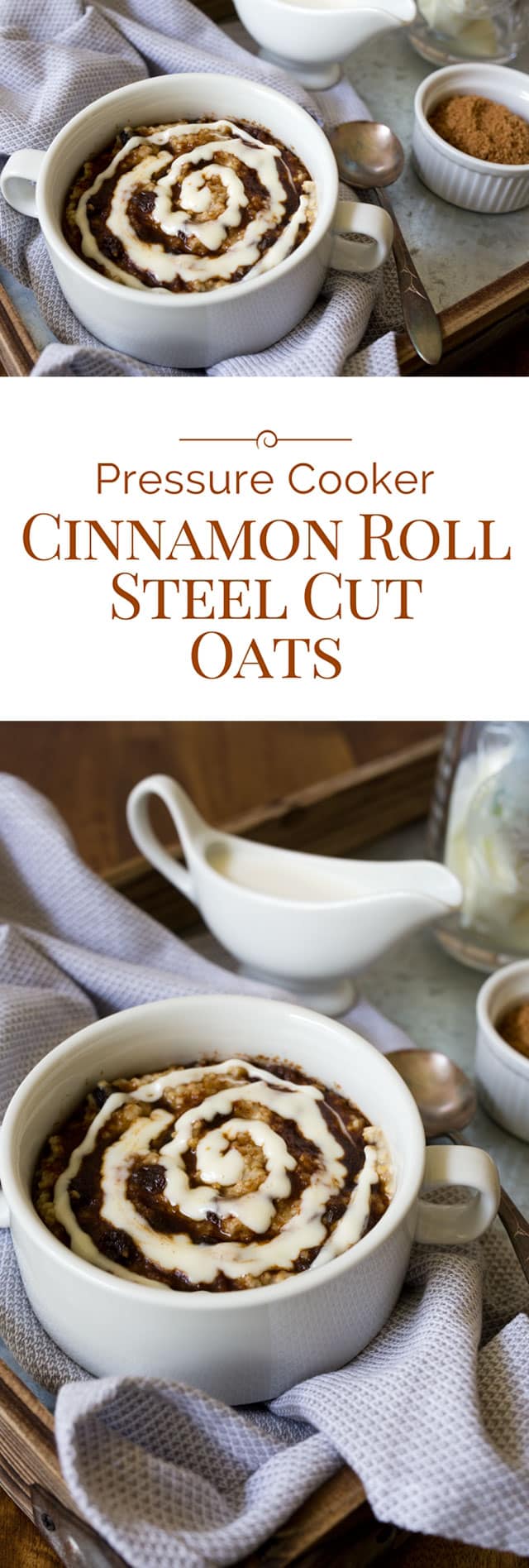 Cinnamon roll steel cut oats is a delicious and sweet baked oatmeal topped with brown sugar cinnamon and a swirl of cream cheese icing, made in an Instant Pot electric pressure cooker. Why have plain boring oatmeal when you can make this baked cinnamon roll steel cut oatmeal recipe? #instantpot #pressurecooker #pressurecooking #breakfast #oatmeal via @PressureCook2da