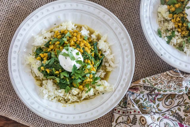 Pressure Cooker (Instant Pot) Dal With Spinach in a white bowl