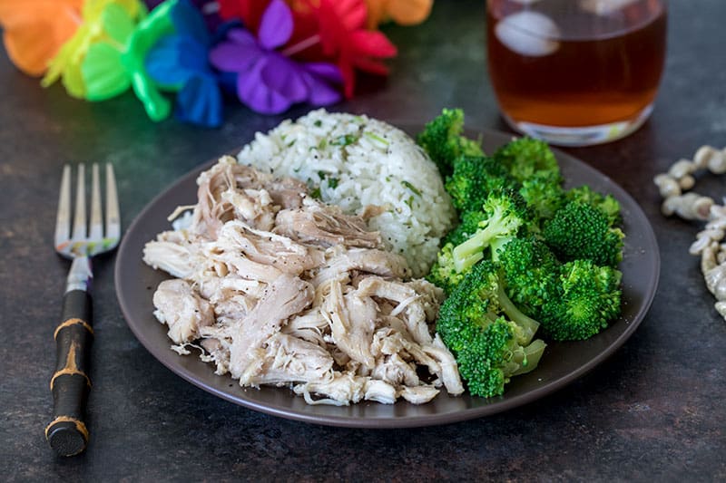 Pressure Cooker (Instant Pot) Kalua Chicken served on a plate with broccoli