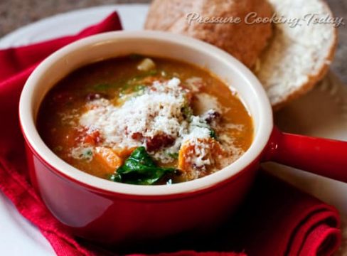Pressure Cooker (Instant Pot) Minestrone Soup with Basil Pesto in a red bowl