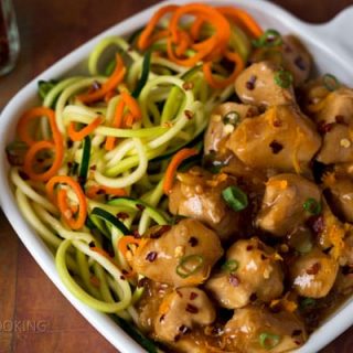 Close up of Pressure Cooker (Instant Pot) Orange Chicken in a white bowl