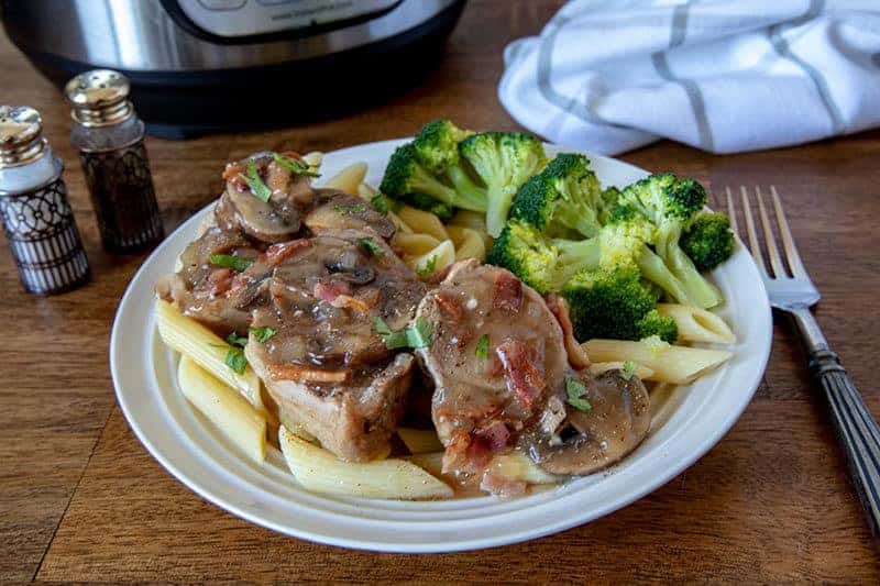 Pressure Cooker Pork Tenderloin Marsala over gluten free penne noodles