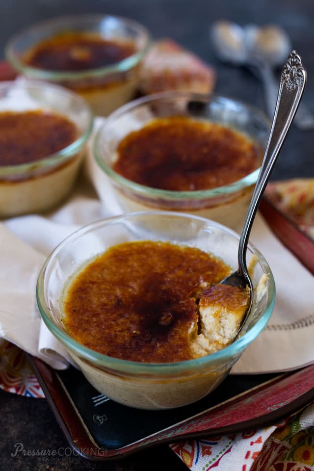 clear glass custard cups with Pressure Cooker Pumpkin Crème Brûlée