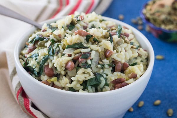 Pressure Cooker (Instant Pot) Southwest Pinto Bean Chard Risotto served in a white bowl