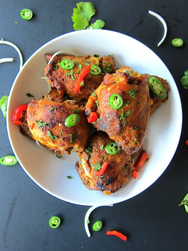 white platter of Pressure Cooked Tandoori Chicken