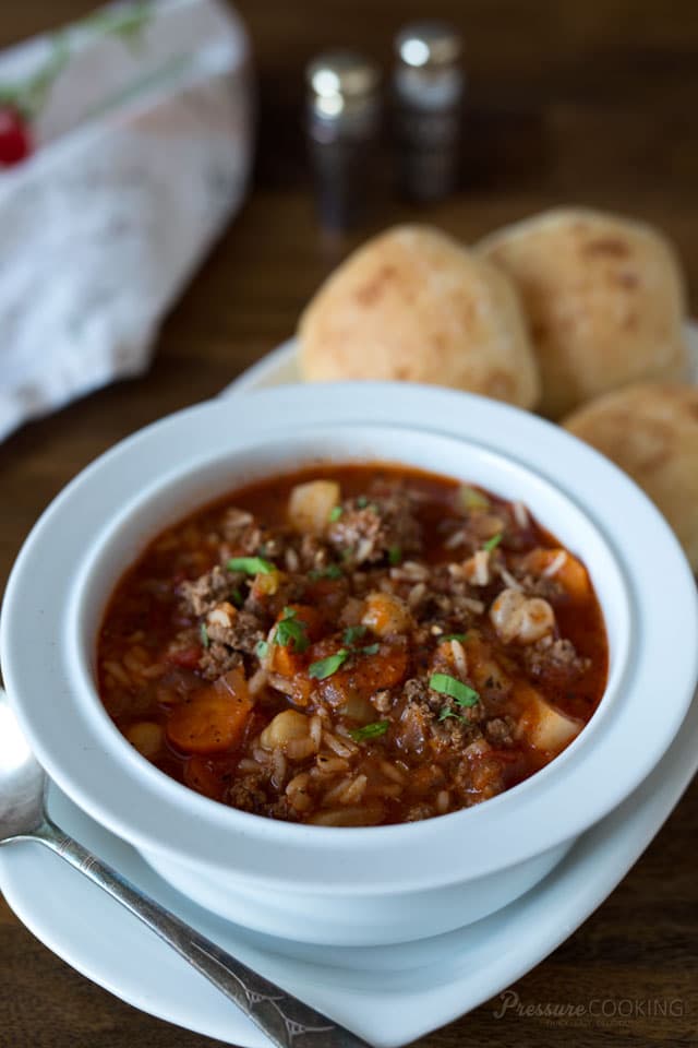 This Pressure Cooker Vegetable Beef and Rice Soup is a delicious, hearty meal that comes together quickly and is on the table in a flash. 