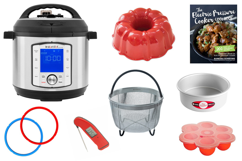 Collage of the Best Instant Pot gifts for Instant Pot lovers, featuring an Instant Pot Duo Evo Plus, a bundt pan, a steamer basket, a thermapen, and the Electric pressure Cooker Cookbook