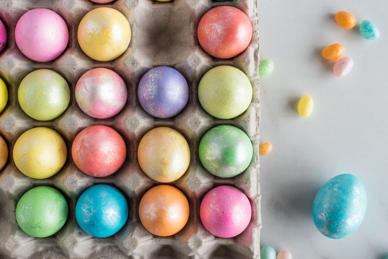 Overhead close up of Easter eggs made in an Instant Pot.