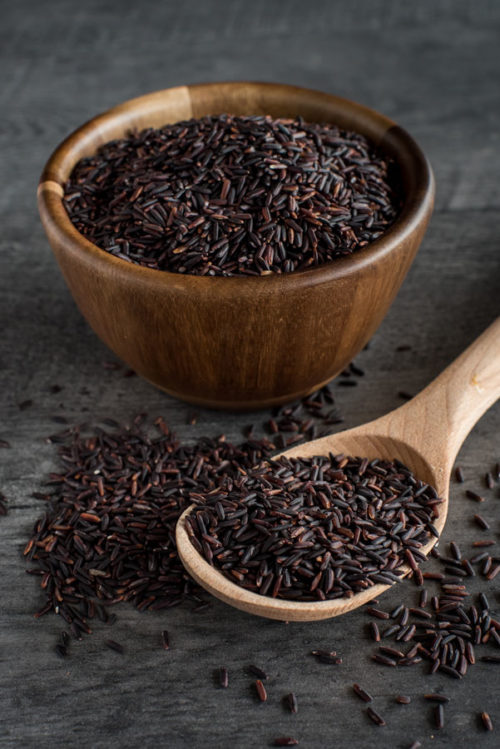 A small bowl and spoonful of Black Rice, ready to go in the pressure cooker / InstaPot