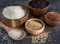 White rice, brown rice, black rice, and pink rice, ready to go in the Instant Pot