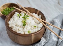 Instant Pot / Pressure Cooker White Rice prepared, garnished with green onions and chopsticks