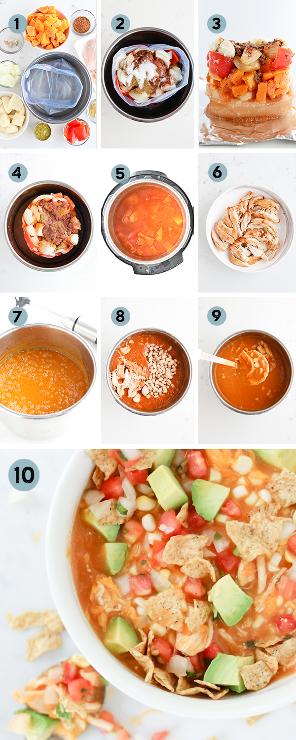 Step by step collage showing how to measure, freeze, then cook the soup using the InstaFreeze program.