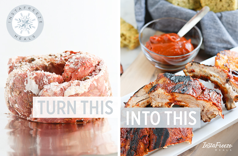 InstaFreeze collage with frozen ribs and cooked ribs ready to serve with BBQ sauce.