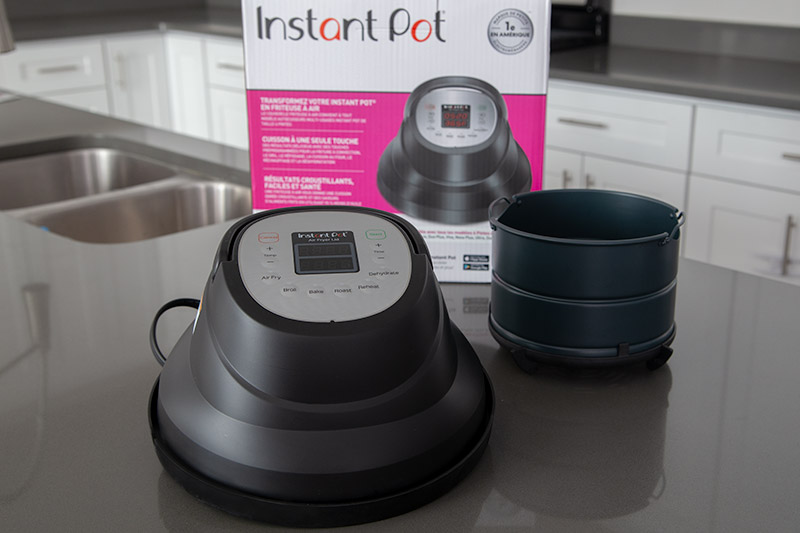 Instant Pot Air Fryer Lid attachment and air fryer basket.