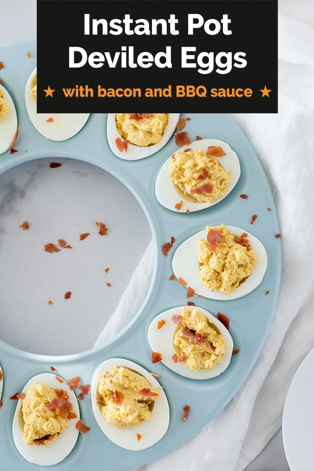 Instant Pot BBQ Deviled Eggs use your Instant Pot to make the easiest Deviled Eggs ever, then cream the yolks into a filling packed with bacon, barbecue sauce, mustard, mayo and tangy Greek yogurt. These aren't your grandma's Deviled Eggs! Best of all, you can make them ahead! via @PressureCook2da