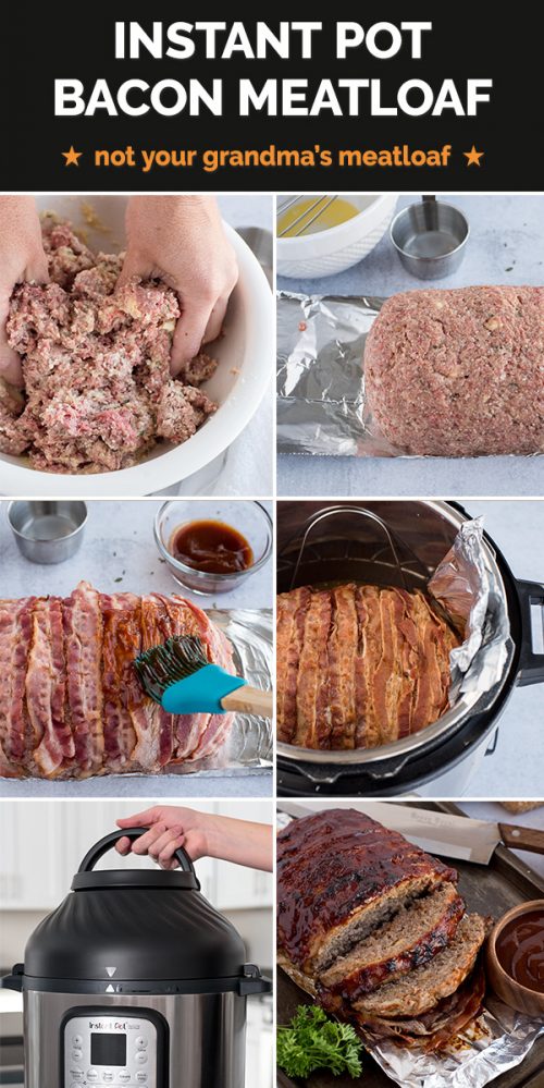 Collage of pictures on How to make Instant Pot meatloaf step by step photos: top left is hands mixing the meat and bread, top right is the meatloaf formed on a aluminum foil strip. Middle left is the bacon laid on top and the barbecue sauce being brushed on, middle right is it fitted into the pressure cooker. Bottom left is putting the Duo Crisp lid on top to crisp up the bacon, bottom right is the finished meatloaf on a broiling tray, sliced and ready to serve