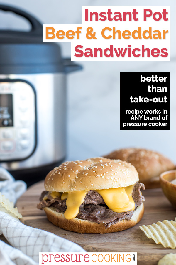 This Beef and Cheddar Sandwich recipe is an instant upgrade to Arby’s cheesesteaks! Thin-sliced beef cooks up quick and tender in your Instant Pot, and it's topped with a melty cheddar cheese sauce on an onion roll. via @PressureCook2da