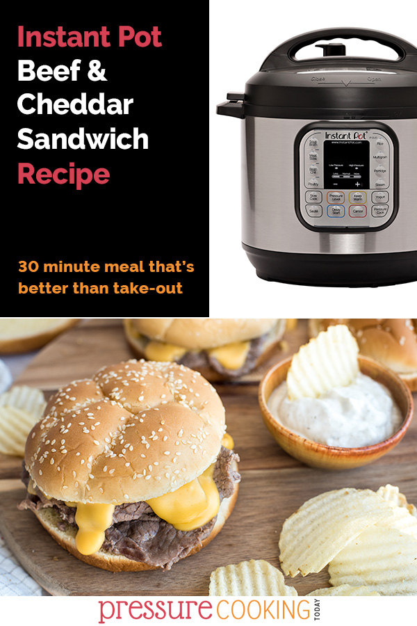 This Beef and Cheddar Sandwich recipe is an instant upgrade to Arby’s cheesesteaks! Thin-sliced beef cooks up quick and tender in your Instant Pot, and it's topped with a melty cheddar cheese sauce on an onion roll. via @PressureCook2da