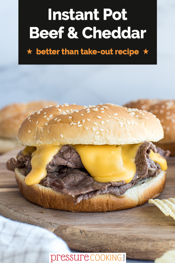 This Beef and Cheddar Sandwich recipe is an instant upgrade to Arby’s cheesesteaks! Thin-sliced beef cooks up quick and tender in your Instant Pot, and it's topped with a melty cheddar cheese sauce on an onion roll. via @PressureCook2da