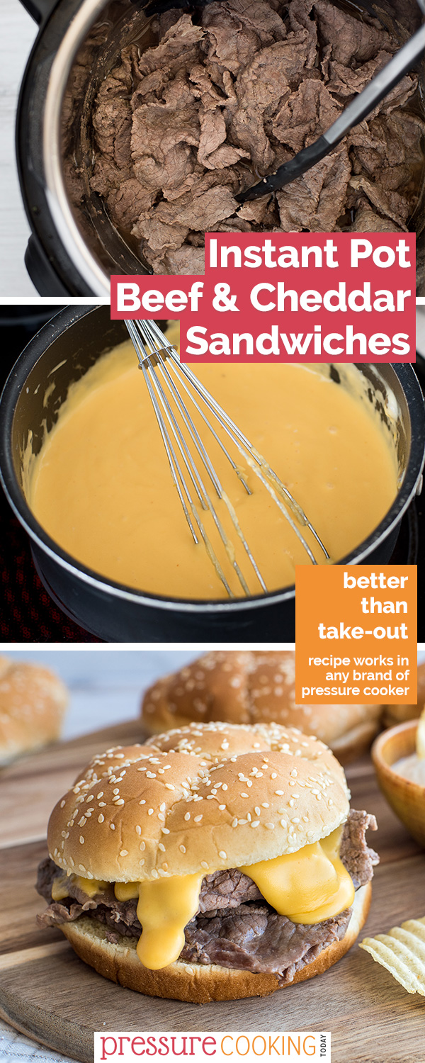 This Beef and Cheddar Sandwich recipe is an instant upgrade to Arby’s cheesesteaks! Thin-sliced beef cooks up quick and tender in your Instant Pot, and it's topped with a melty cheddar cheese sauce on an onion roll. via @PressureCook2da